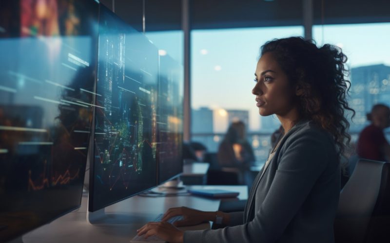 Photographie haute résolution d'une femme en train de travailler depuis son bureau. De multiples écrans holographiques flottent autour d'elle, et une ligne d'horizon futuriste est visible à travers une grande fenêtre derrière elle. La photo est prise dans un contexte d un travail de cybersécurité pour une Mairie ou collectivité locale